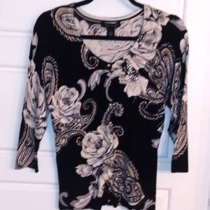 White House Black Market Cardigan black,whites,greys,& beige w/silver,gold decal